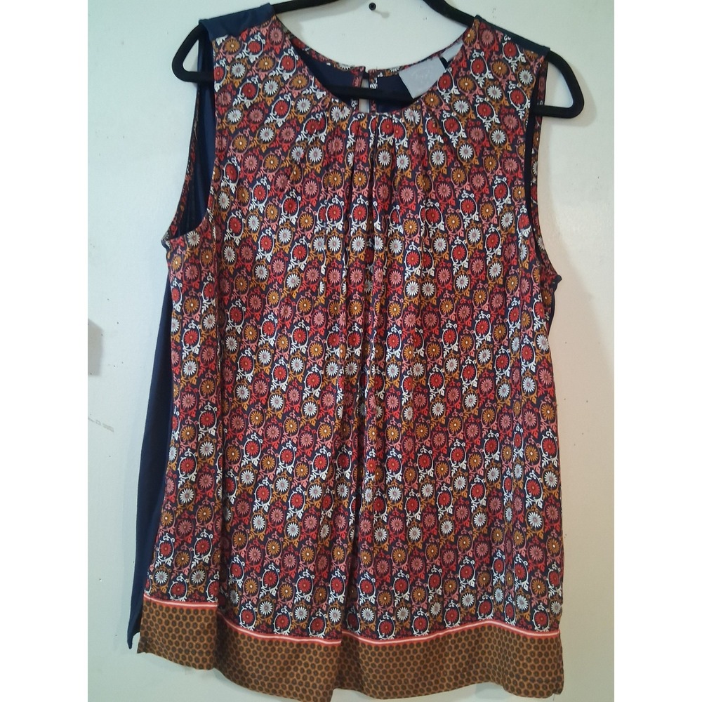 Anthropologie Mixed Media Floral Medallion Sleeveless Blouse Navy XL OB915709
